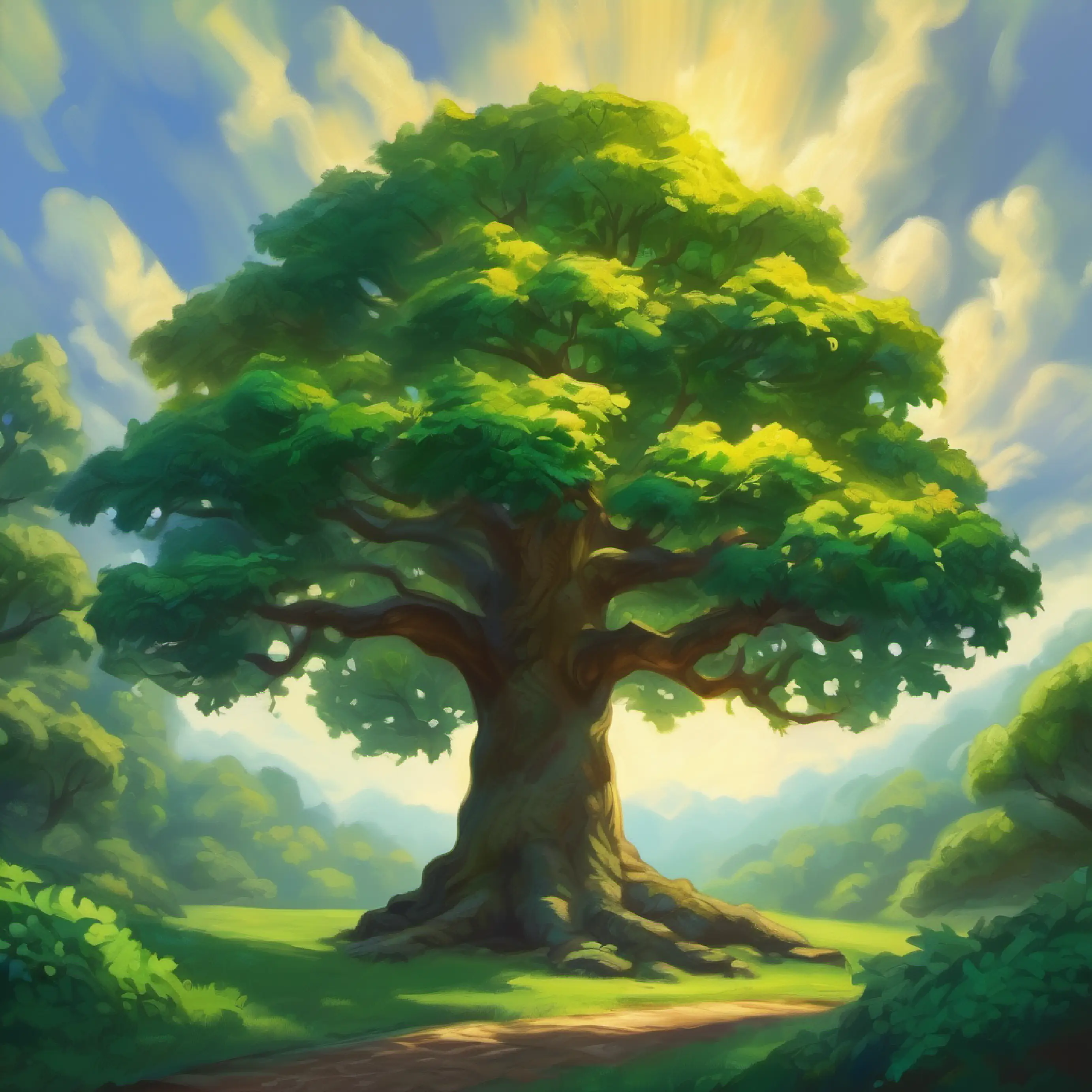 Mighty oak tree, broad and strong, deep green leaves, ancient freed, gratitude shown, peaceful resolution of conflict