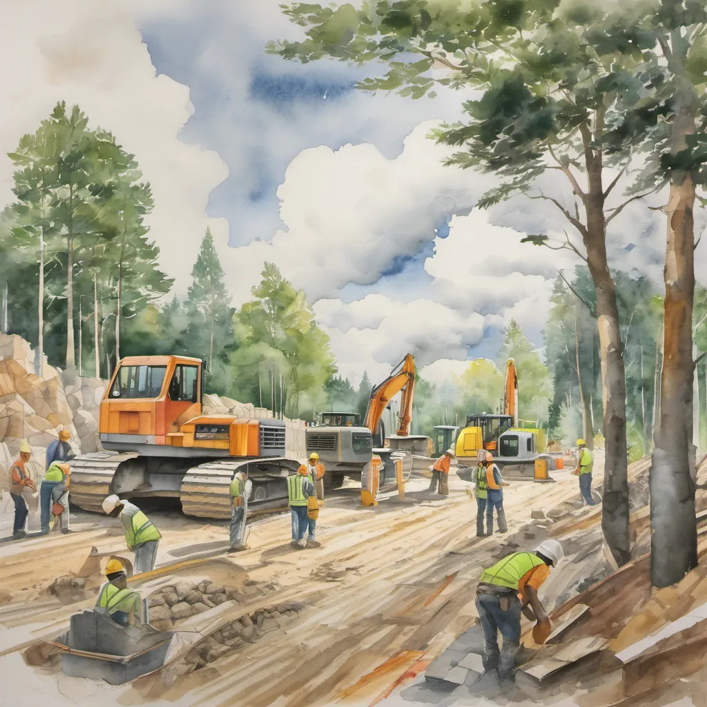 A bustling construction site with workers happily building a road, surrounded by tall trees and bright skies.