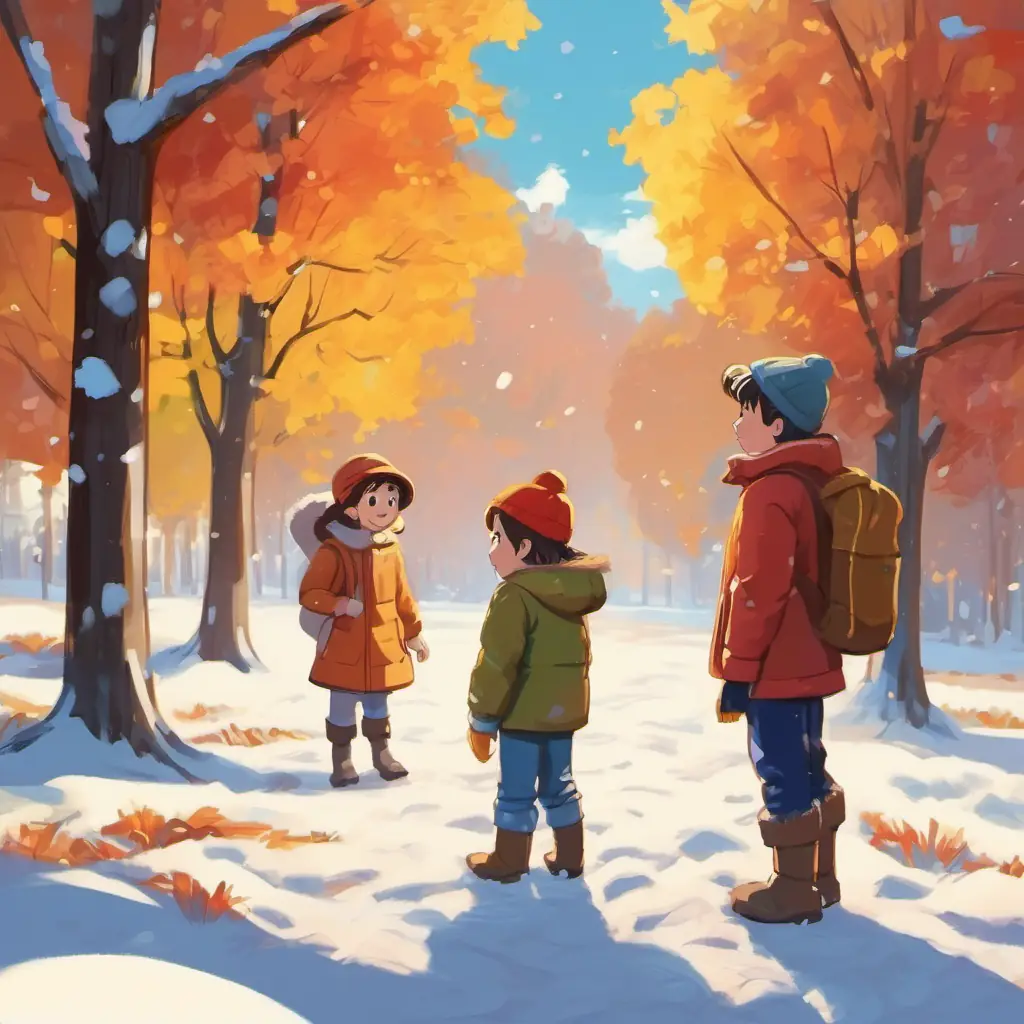 two kids asking talking to an adult in the middle of the snow