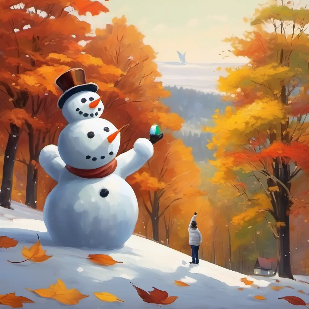 the adult pointing at the snowman