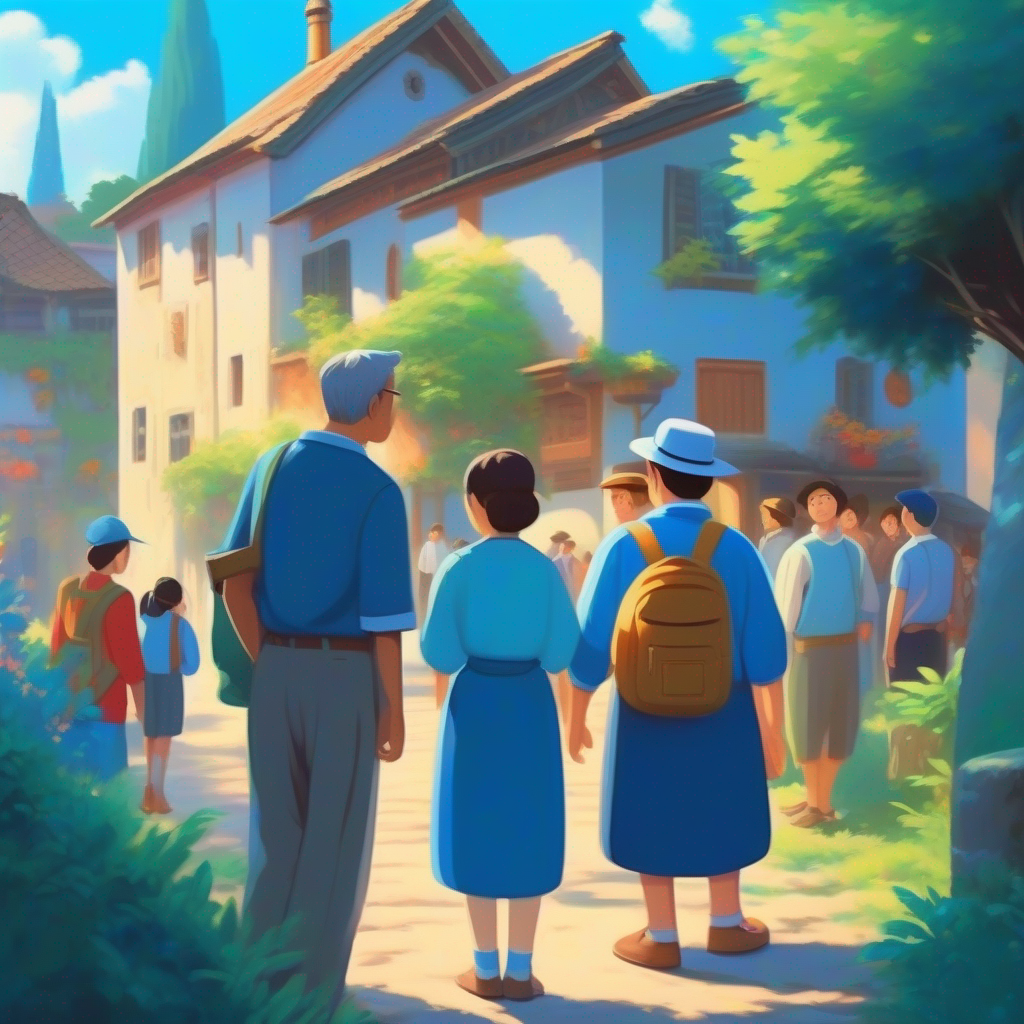 People admiring Honest and kind, warm-hearted, wearing simple clothing, village known for integrity, blue colors