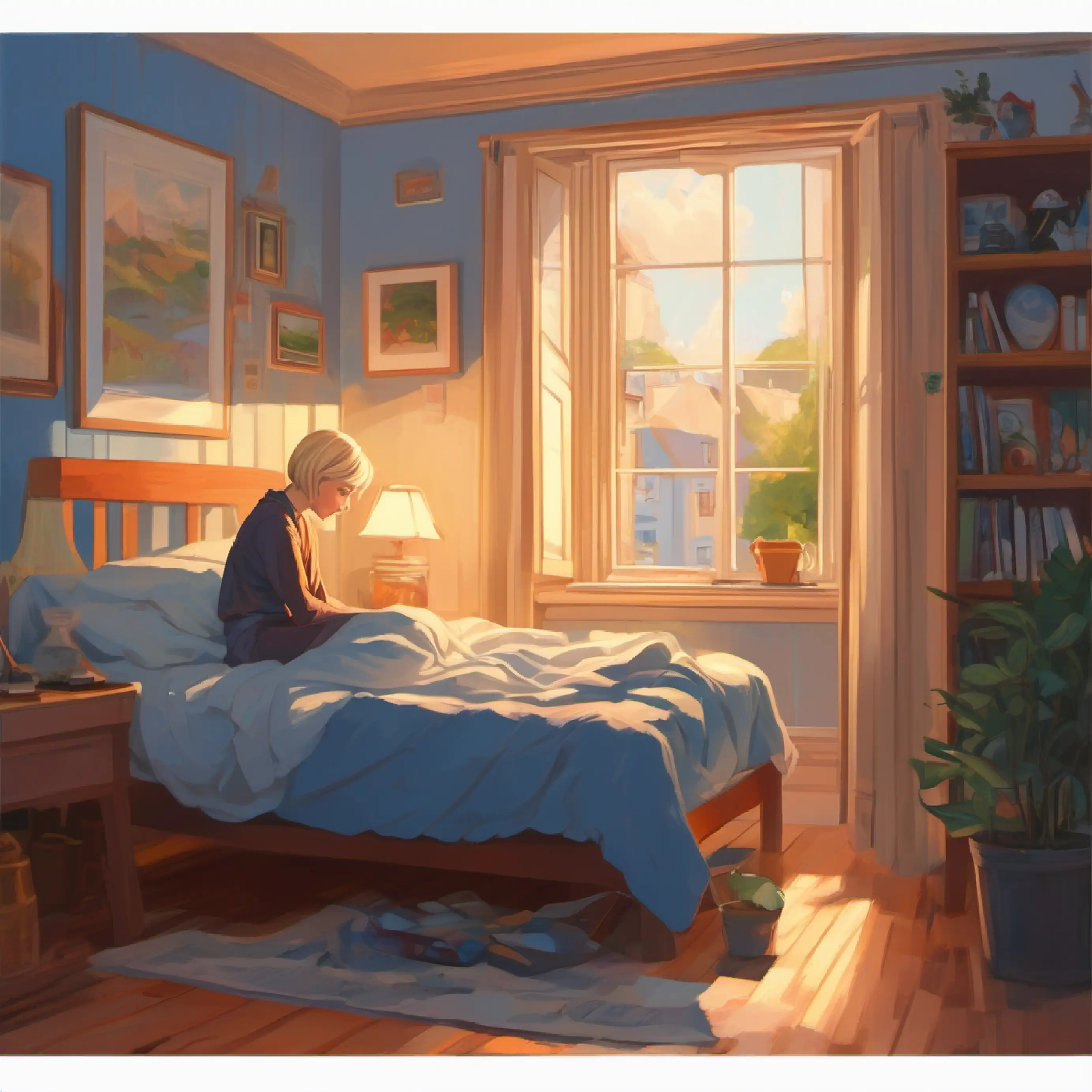 Julie in her room, grieving, surrounded by memories of Athletic build, short blond hair, blue eyes, the embodiment of warmth