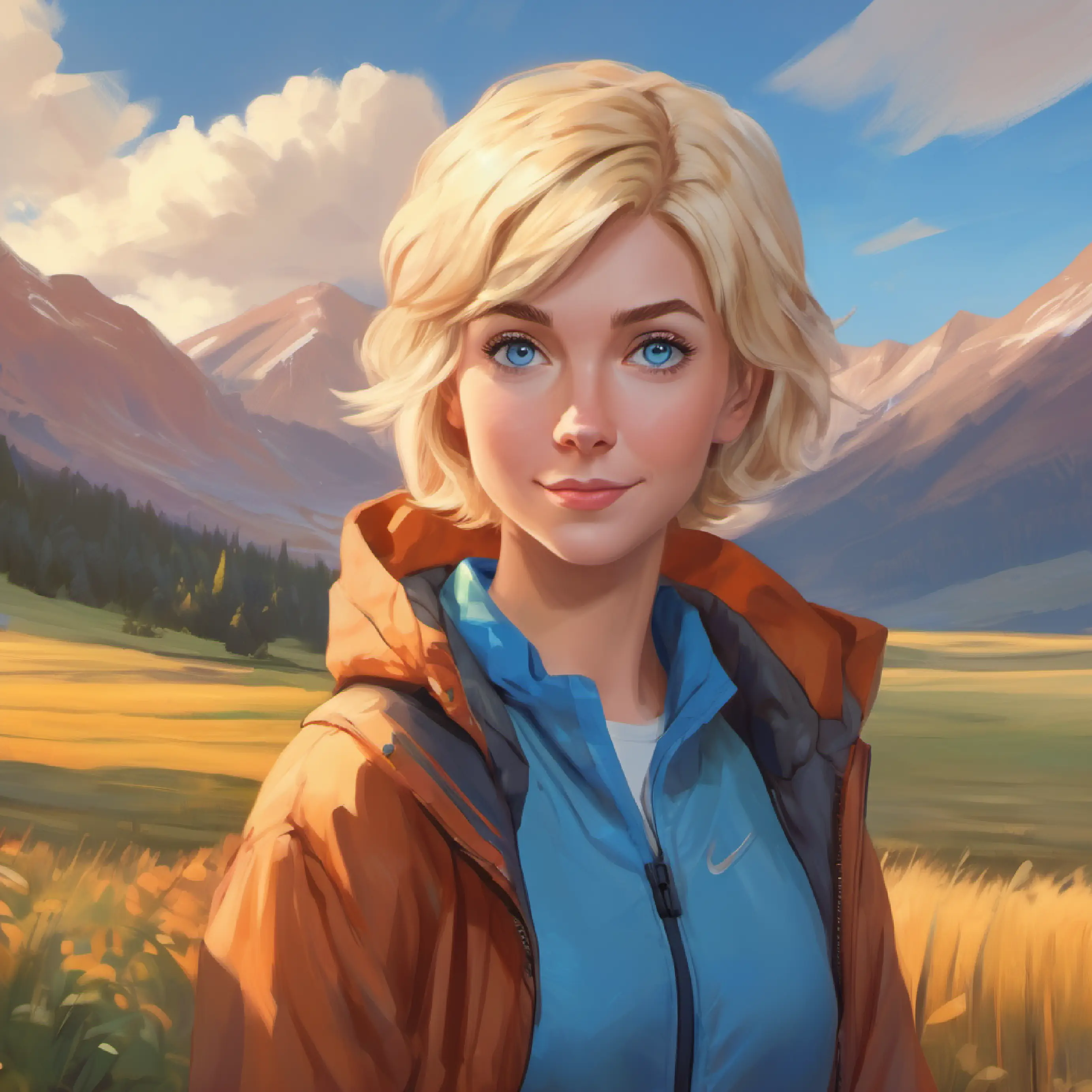 Julie holding Athletic build, short blond hair, blue eyes, the embodiment of warmth's jacket, feeling his absence