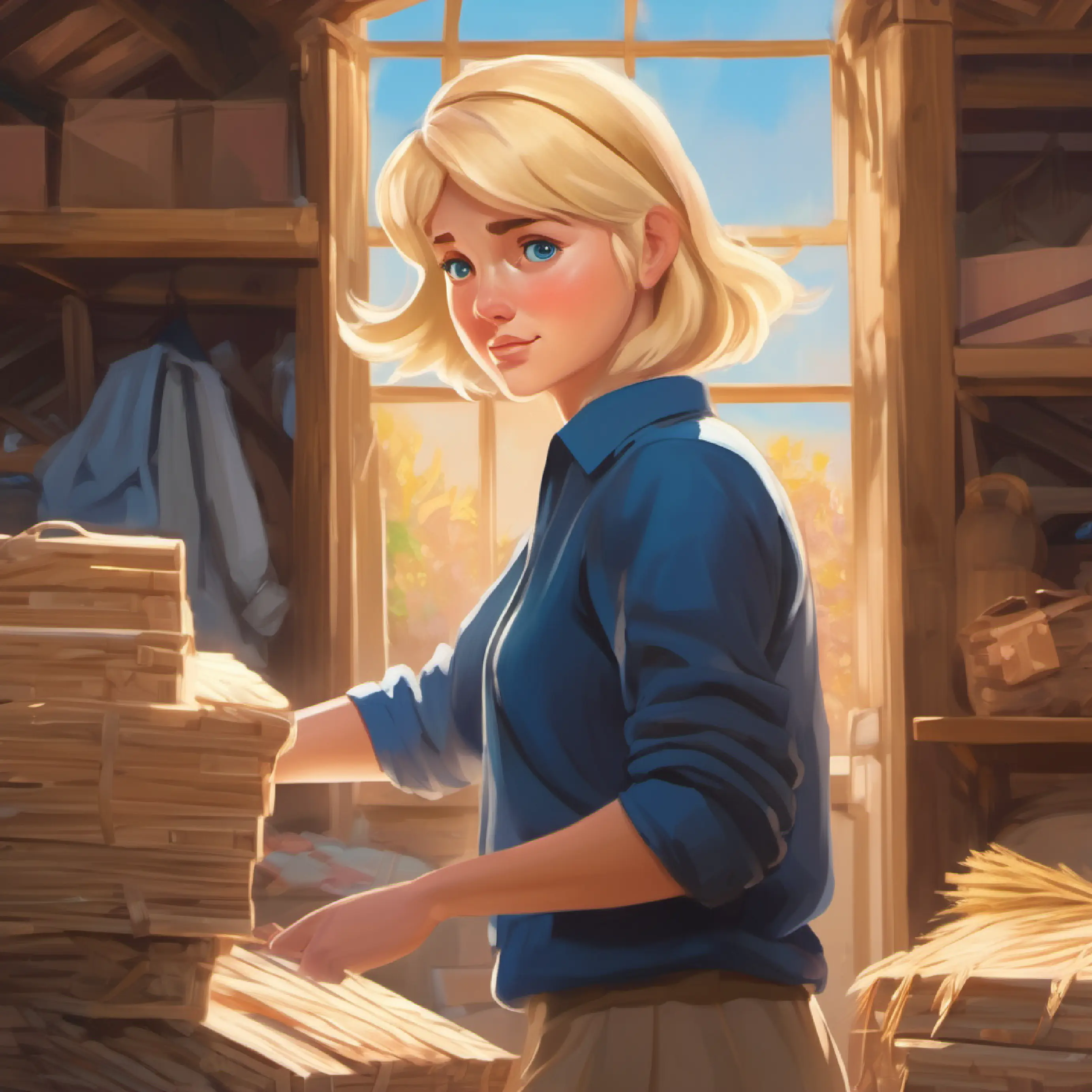 Julie packing away Athletic build, short blond hair, blue eyes, the embodiment of warmth's things, struggling emotionally