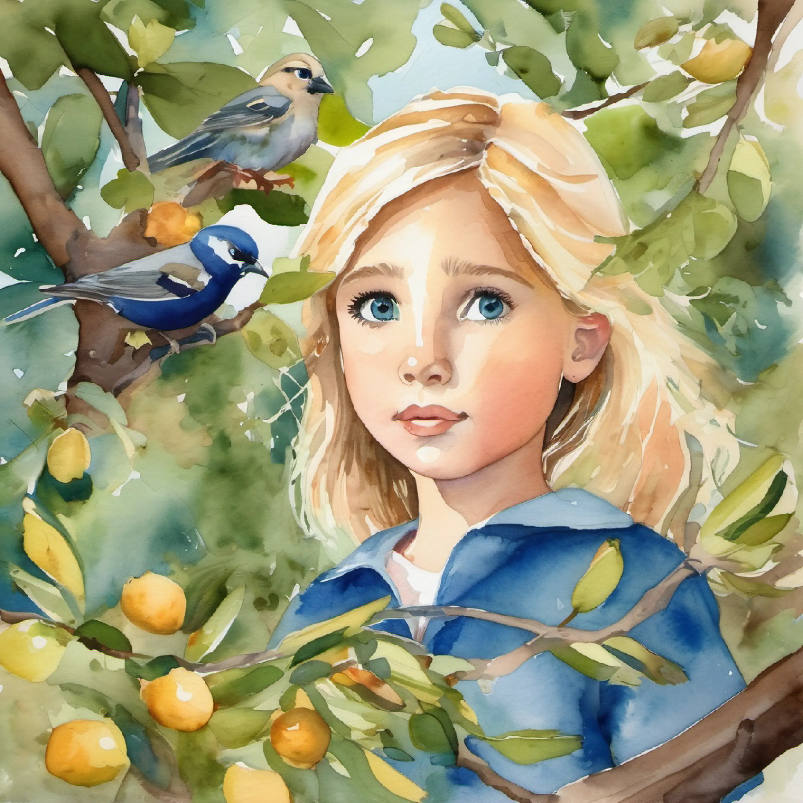 Girl with blonde hair, olive skin, and blue eyes realizes the birds' nest is in a tree.