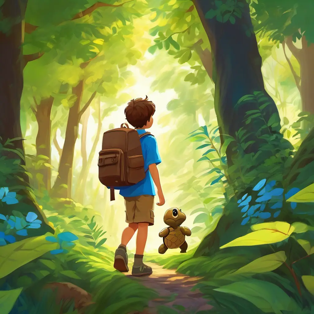 In a lush, leafy forest, A lively boy with brown hair and bright blue eyes is walking with his big backpack, looking for tiny turtles hiding among the trees.