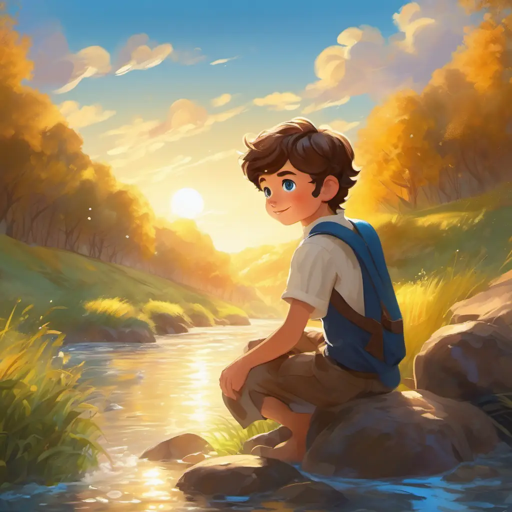 A lively boy with brown hair and bright blue eyes spots a sparkling stream, glistening in the golden sunlight.