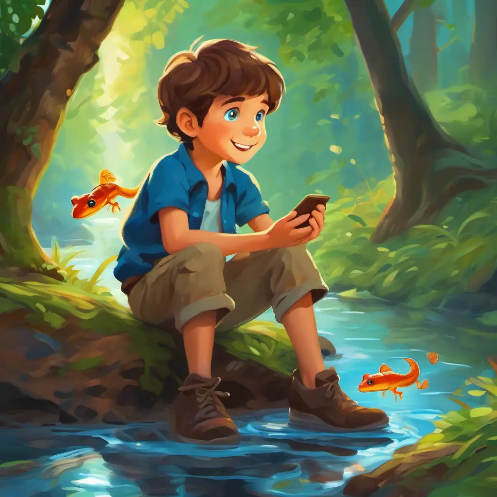 By the stream, A lively boy with brown hair and bright blue eyes sees quick newts nibbling on nuts with their tiny teeth.