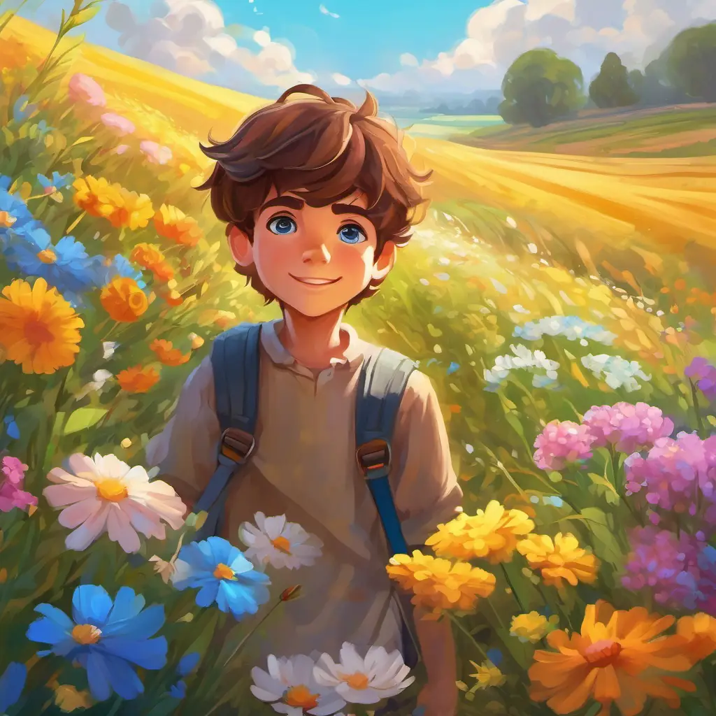A lively boy with brown hair and bright blue eyes finds a field filled with colorful, sweet-smelling flowers.