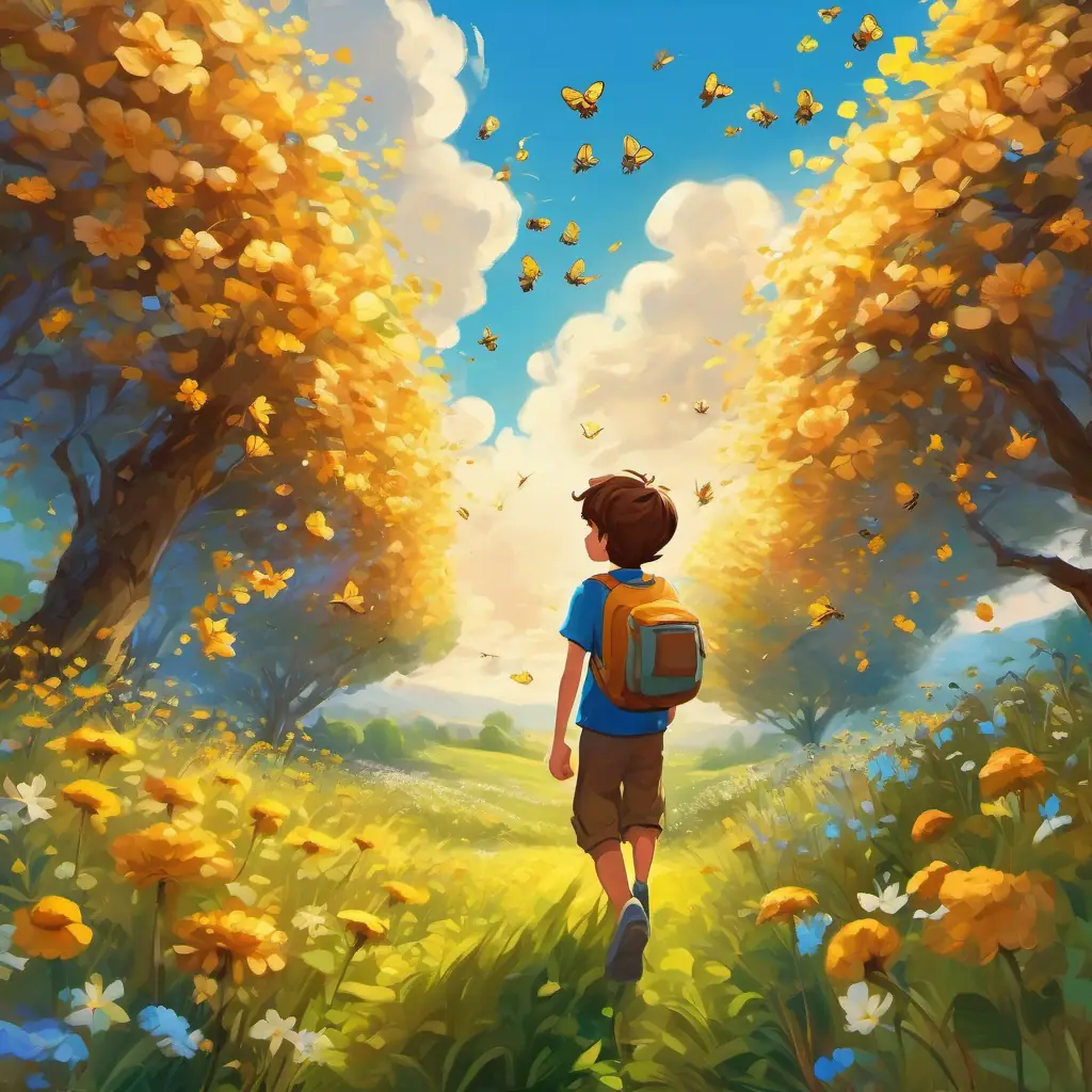 In the flowery field, A lively boy with brown hair and bright blue eyes hears busy honeybees buzzing and moving quickly.