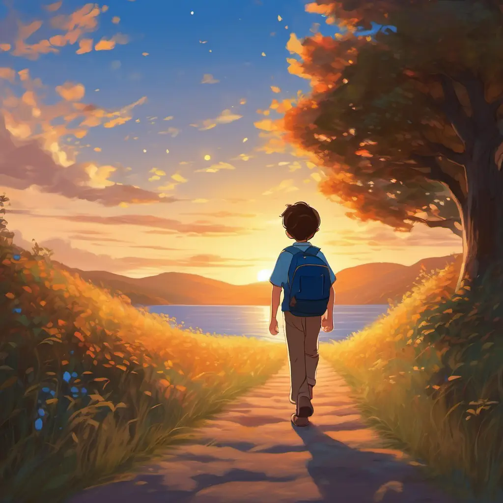 As the sun goes down, A lively boy with brown hair and bright blue eyes walks quietly through the peaceful, twinkling twilight.