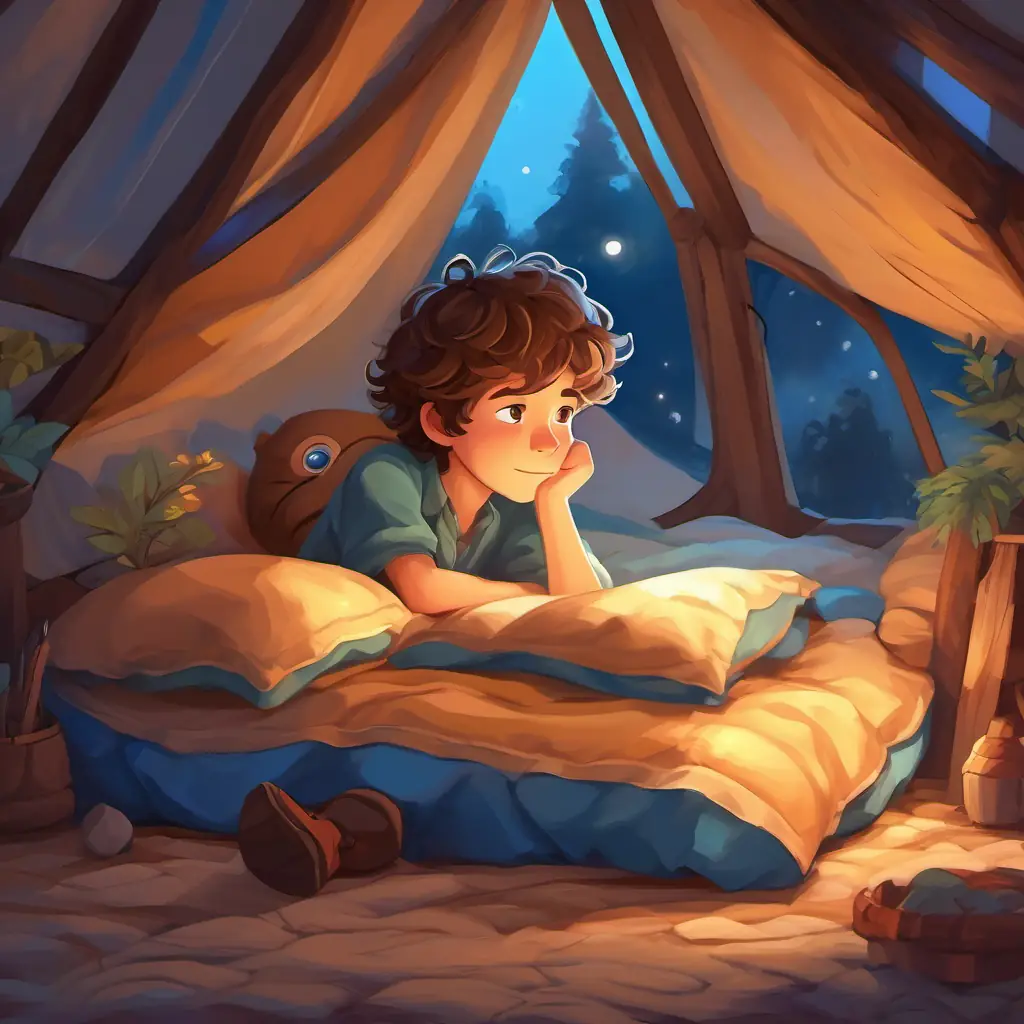 Exhausted from his exciting adventure, A lively boy with brown hair and bright blue eyes curls up in his cozy tent for a peaceful, twinkling sleep.