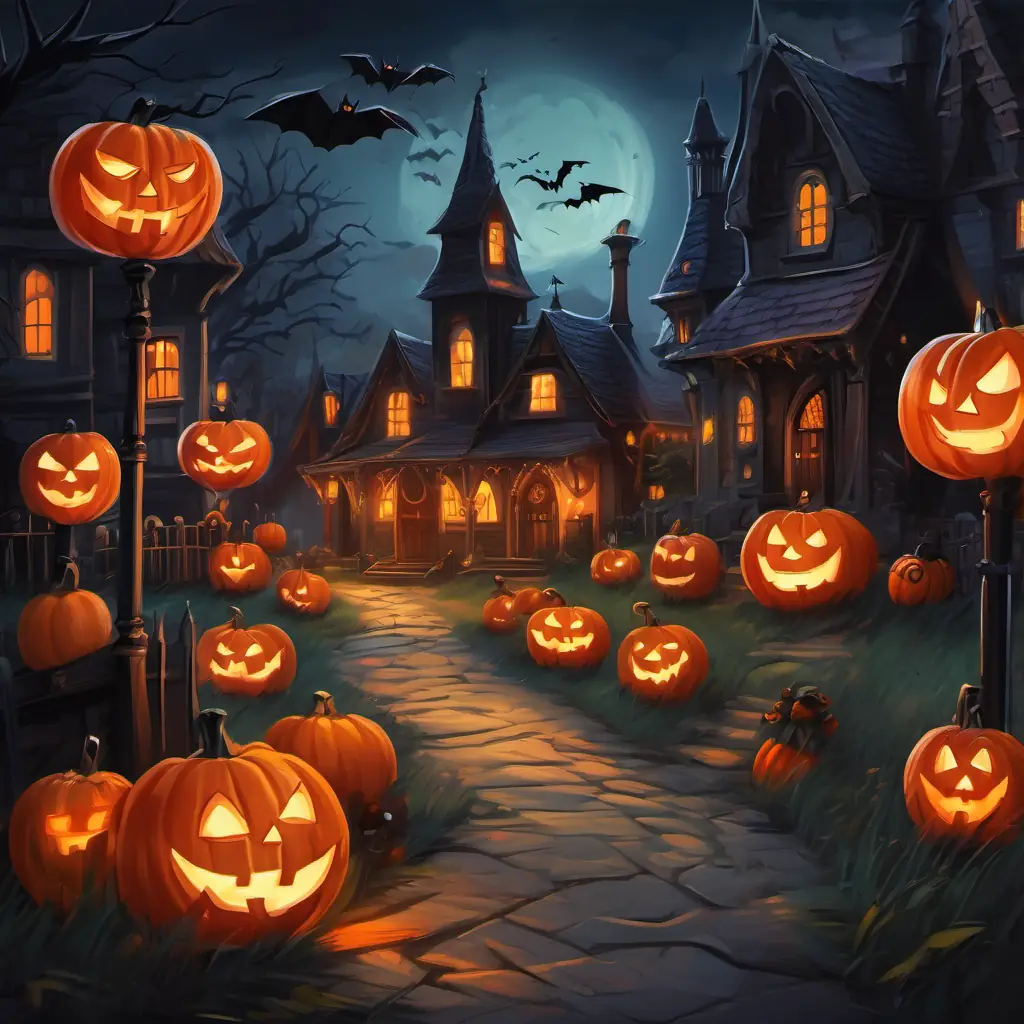 The story begins in the town of Cacklewood, with Pale skin, sharp fangs, and piercing red eyes the vampire planning his Halloween party. The setting is dark and mysterious, with glowing orange jack-o'-lanterns and spooky decorations.