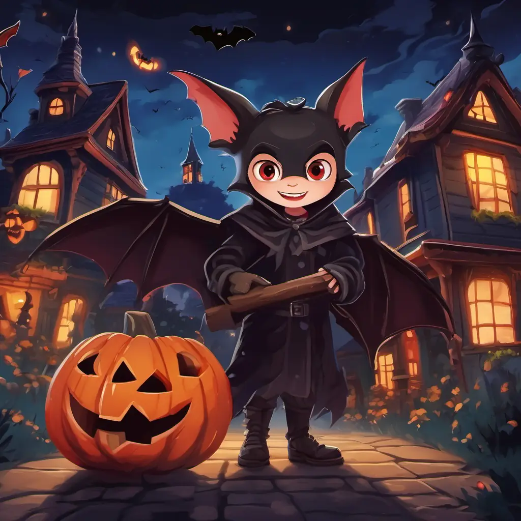 Pale skin, sharp fangs, and piercing red eyes transforms into a bat and flies through the night sky, followed by his friends. They go trick-or-treating in the town, visiting different houses and collecting candies and treats.