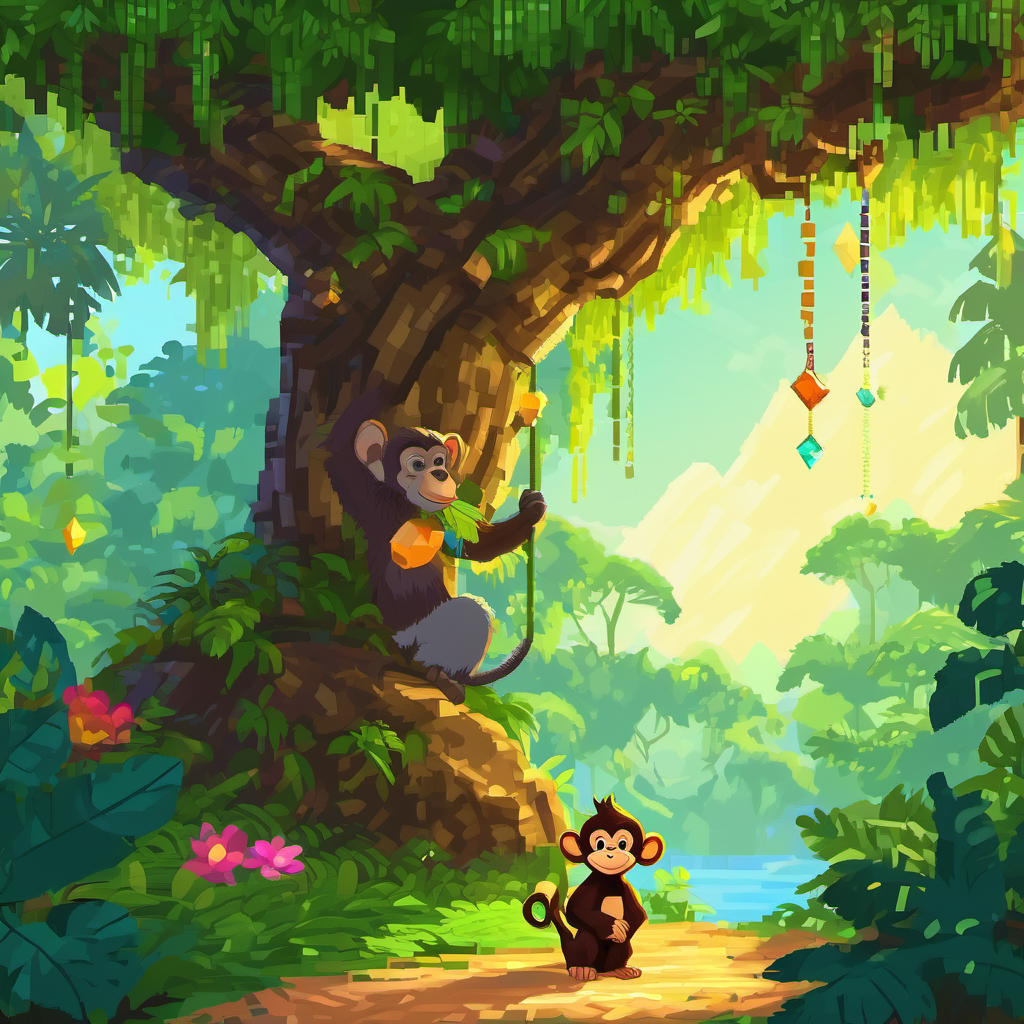 Once upon a time, in a lush and vibrant jungle, there lived a mischievous monkey named Max. Max was known far and wide for his playful pranks and his quick wit. He would swing from tree to tree, causing all sorts of chaos and laughter amongst the animals of the jungle. One sunny morning, as Max swung through the trees, he noticed a peculiar tree that seemed to shimmer and sparkle in the sunlight. Curiosity got the better of him, and he decided to investigate. As he got closer, he saw a small, sparkling gem resting at the base of the tree. Unable to resist its magic, Max reached out and touched it.