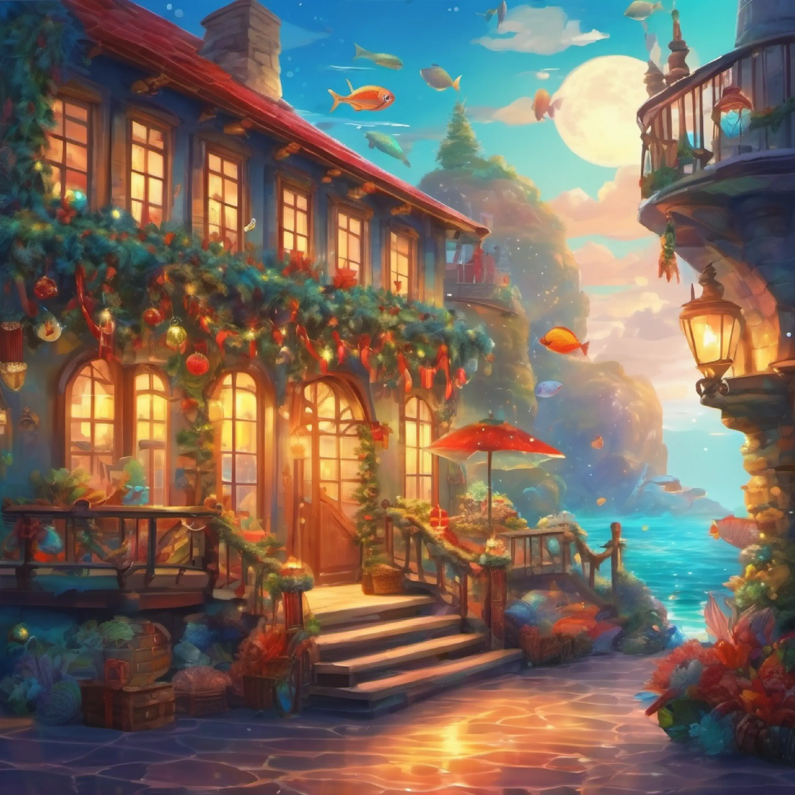 Introducing the mermaid, undersea setting, bright atmosphere