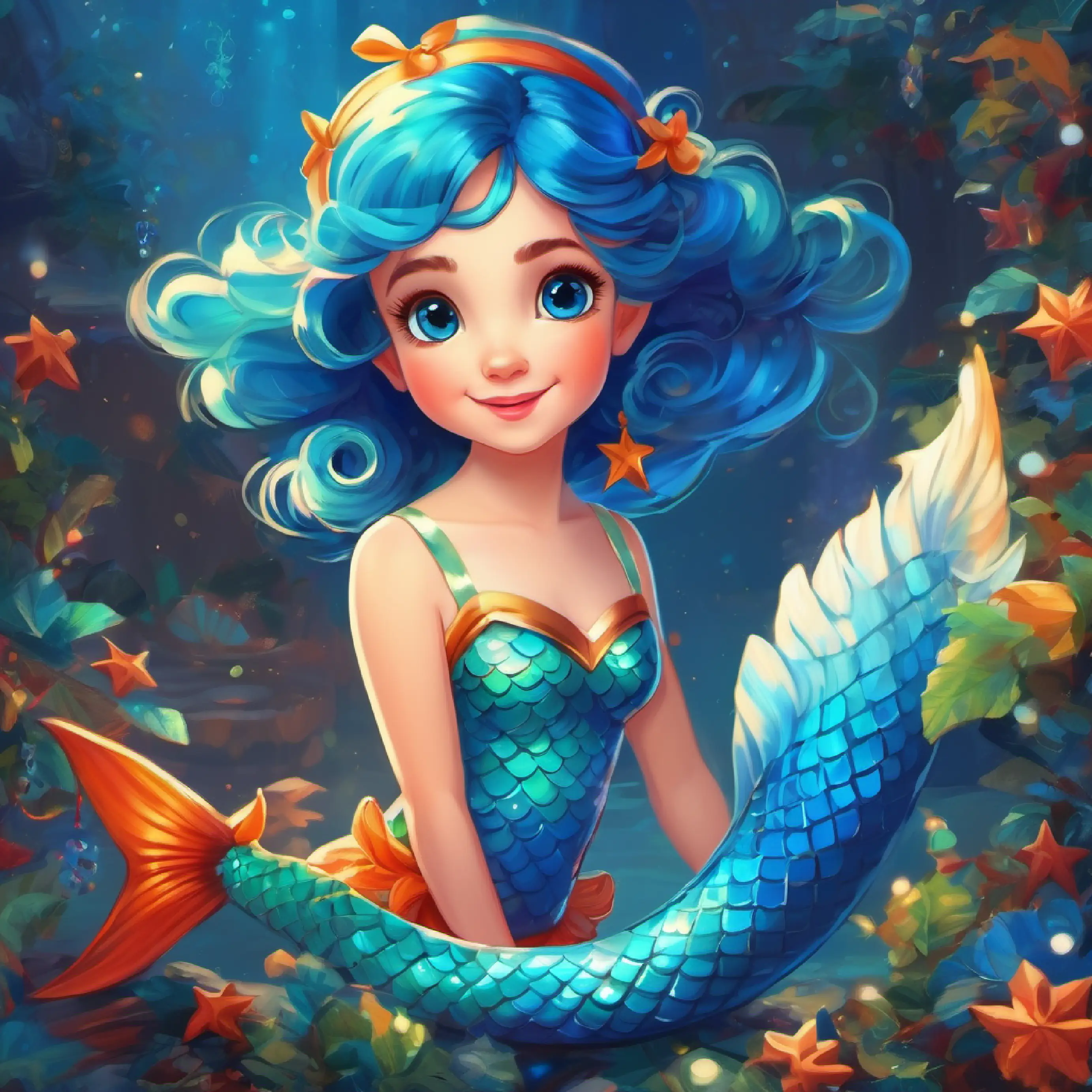 Describing Young mermaid with blue tail and bright, curious eyes, highlighting her bright tail
