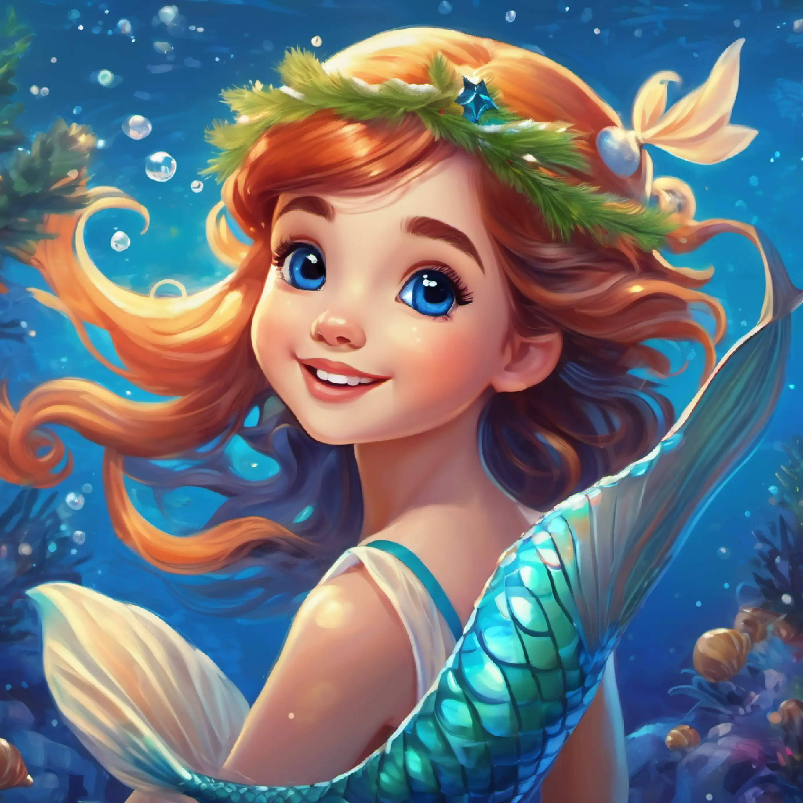 Young mermaid with blue tail and bright, curious eyes feels the joy of helping