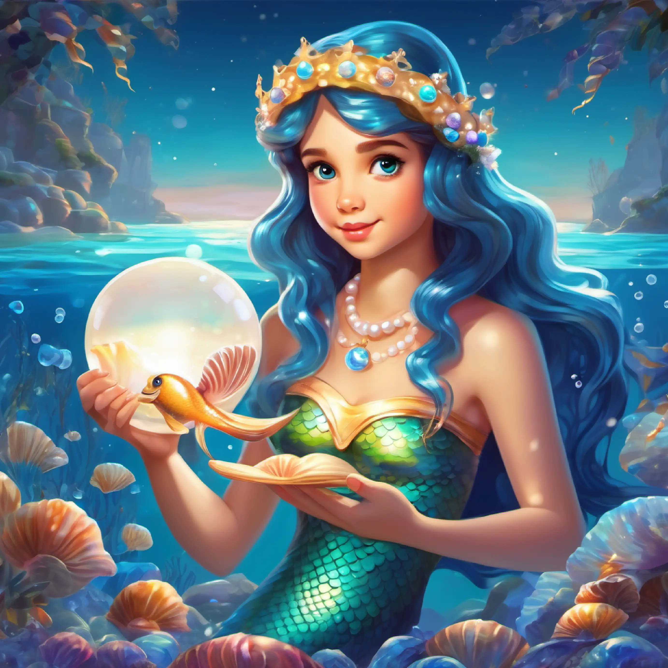 Young mermaid with blue tail and bright, curious eyes finds a clam with a shiny pearl