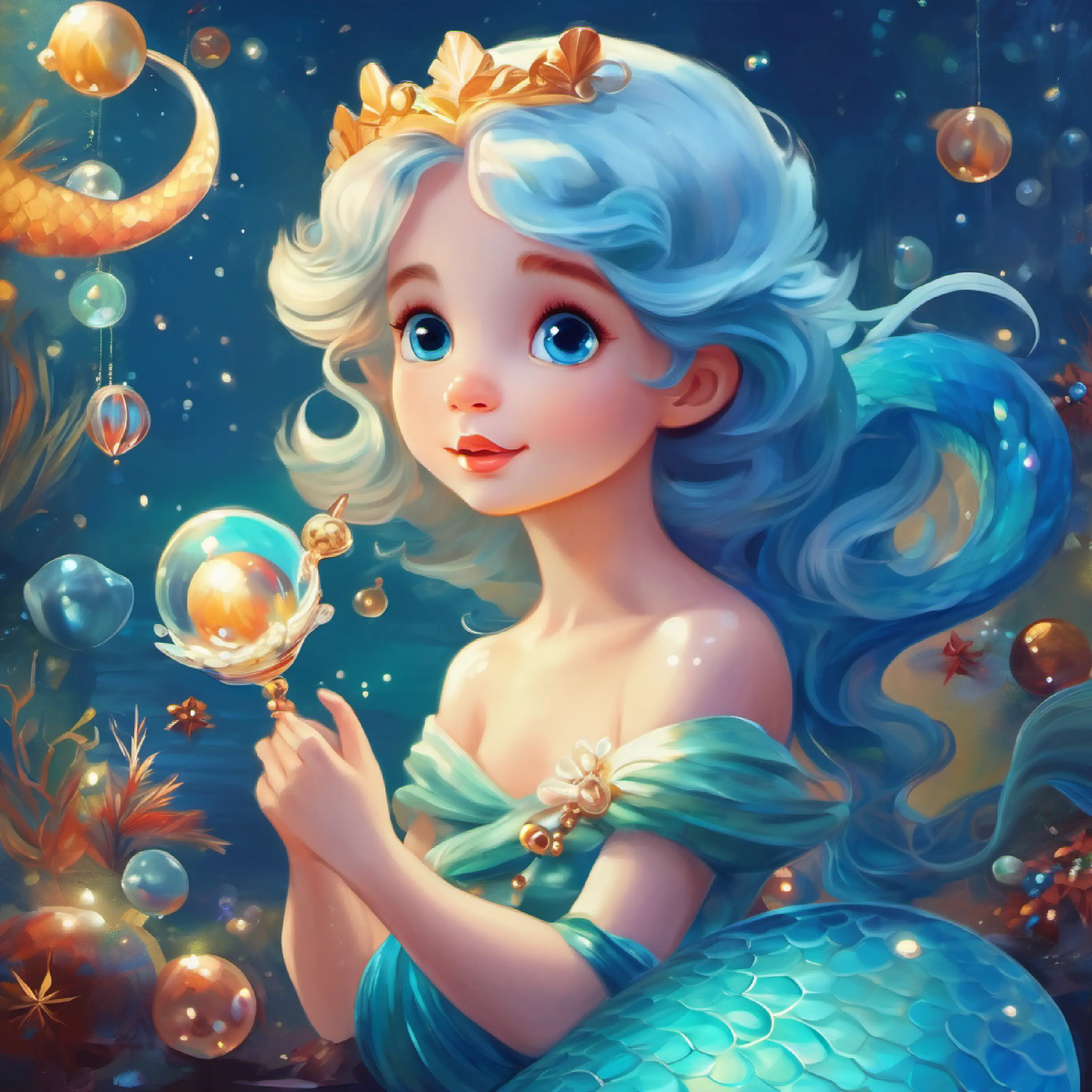 Young mermaid with blue tail and bright, curious eyes contemplating using the pearl responsibly