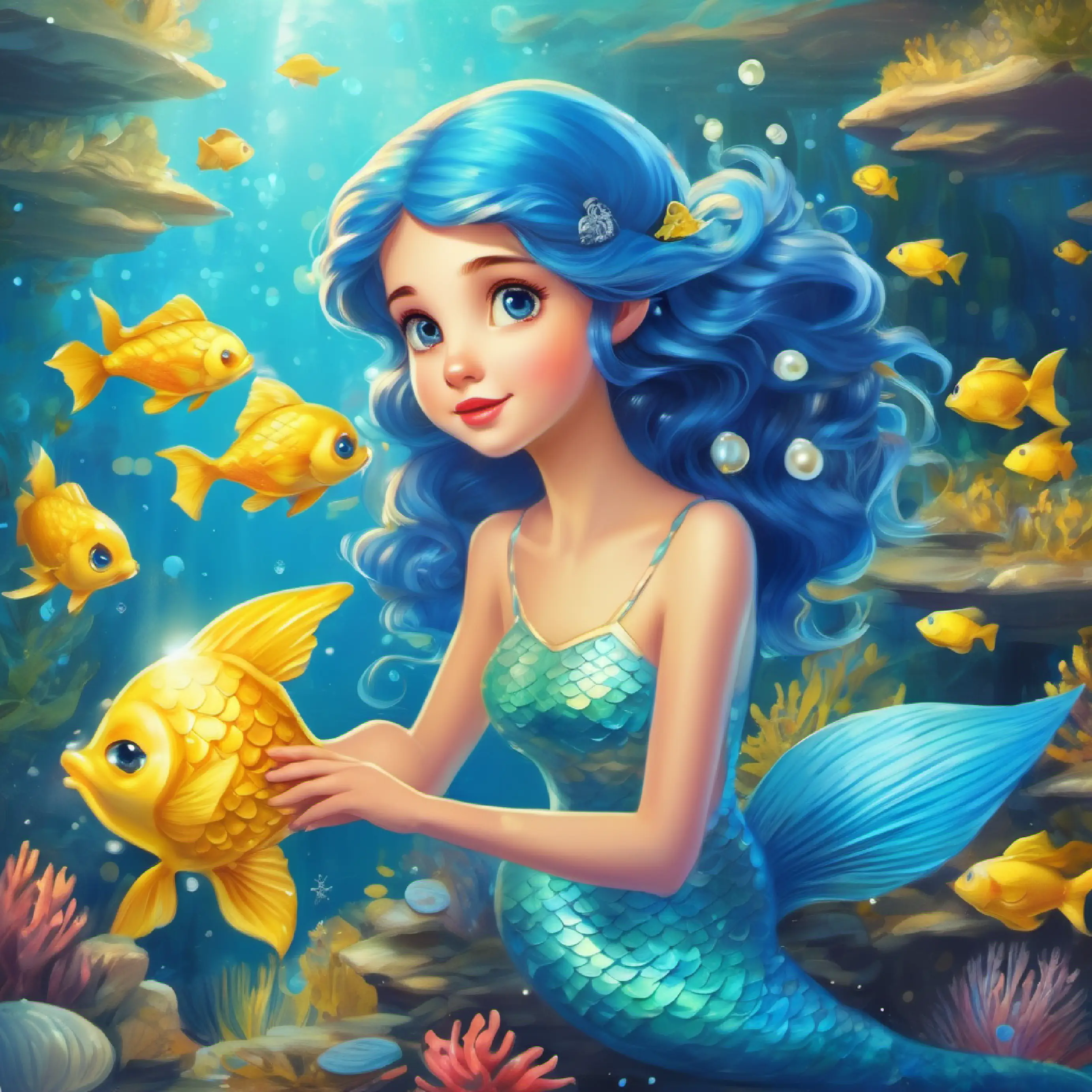 Young mermaid with blue tail and bright, curious eyes uses the pearl to help Tiny, yellow fish with big, trusting eyes