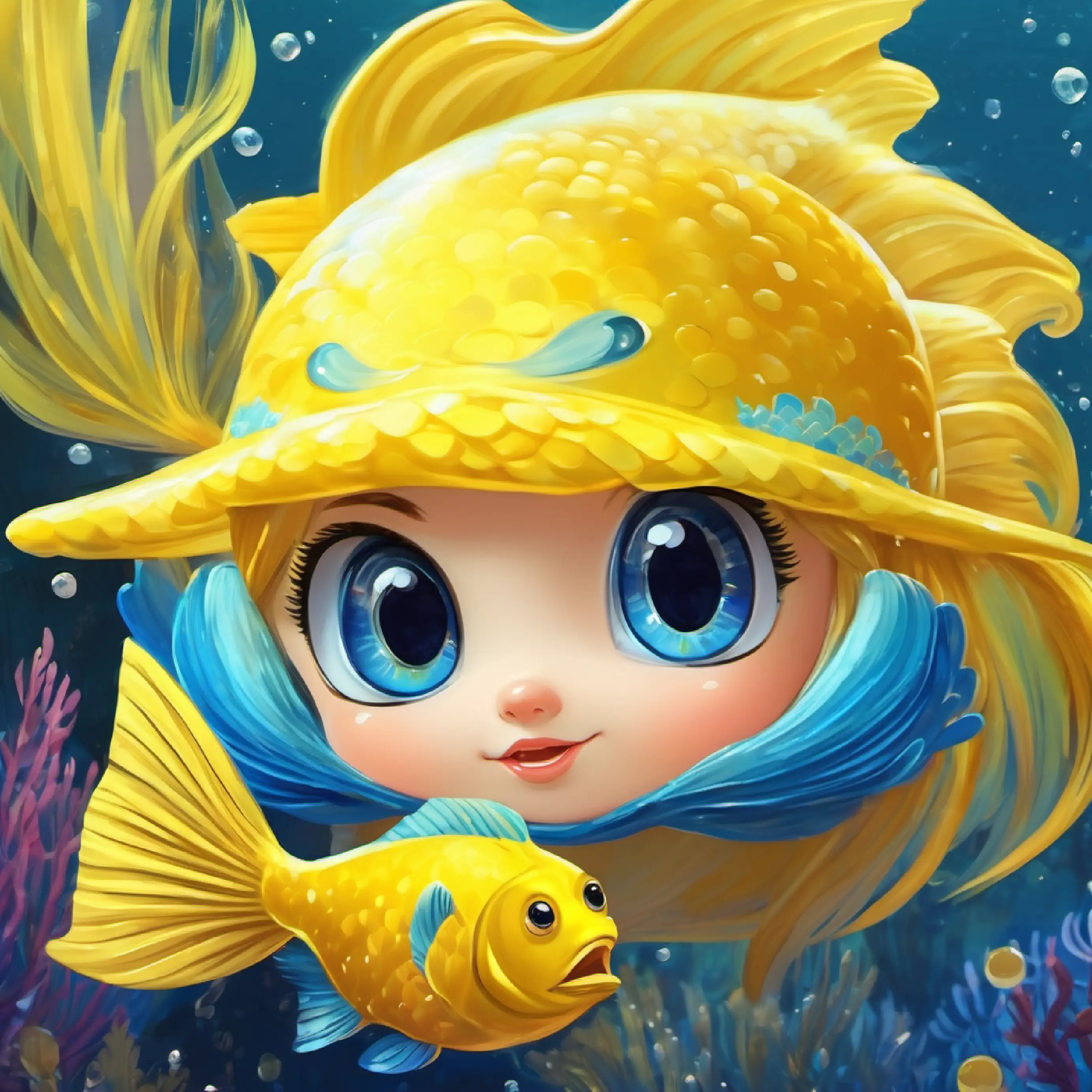 Tiny, yellow fish with big, trusting eyes thanks Young mermaid with blue tail and bright, curious eyes