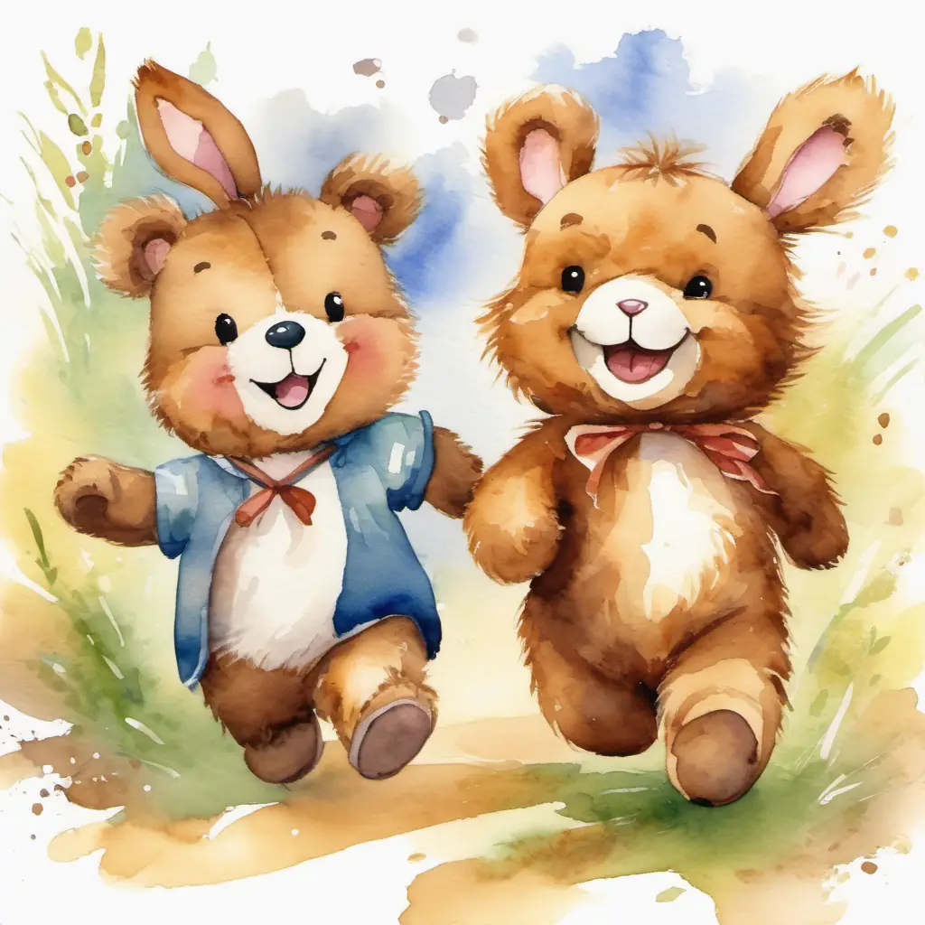 Brown teddy bear with a happy smile and Fluffy rabbit with soft fur are running together, with big smiles on their faces.