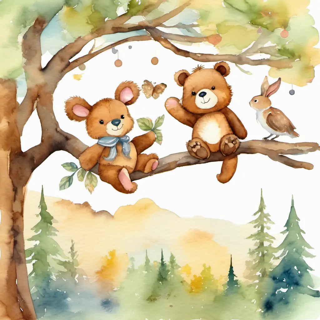 Brown teddy bear with a happy smile and Fluffy rabbit with soft fur are sitting on a tree branch, waving at the birds flying by.