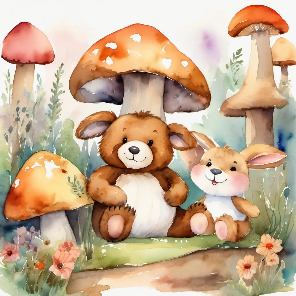 Brown teddy bear with a happy smile and Fluffy rabbit with soft fur are huddled together under a giant mushroom, laughing.