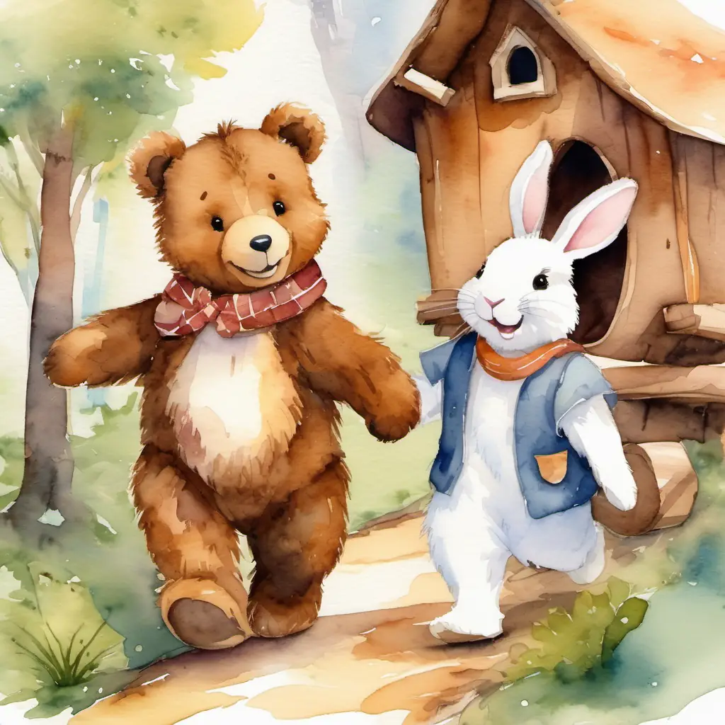 Brown teddy bear with a happy smile and Fluffy rabbit with soft fur are walking towards their treehouse, holding hands and smiling.