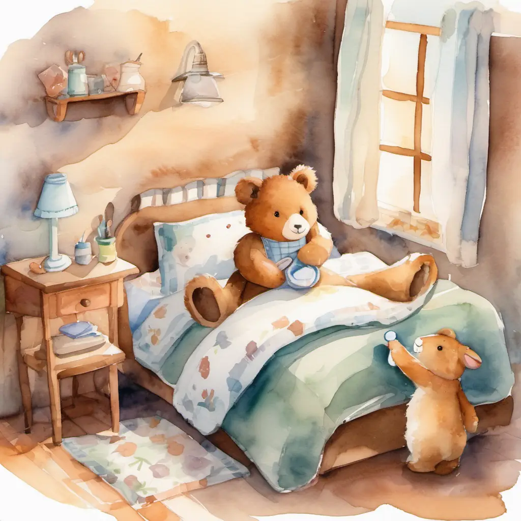 Brown teddy bear with a happy smile and Fluffy rabbit with soft fur are brushing their teeth together, then getting ready for bed in their cozy room.