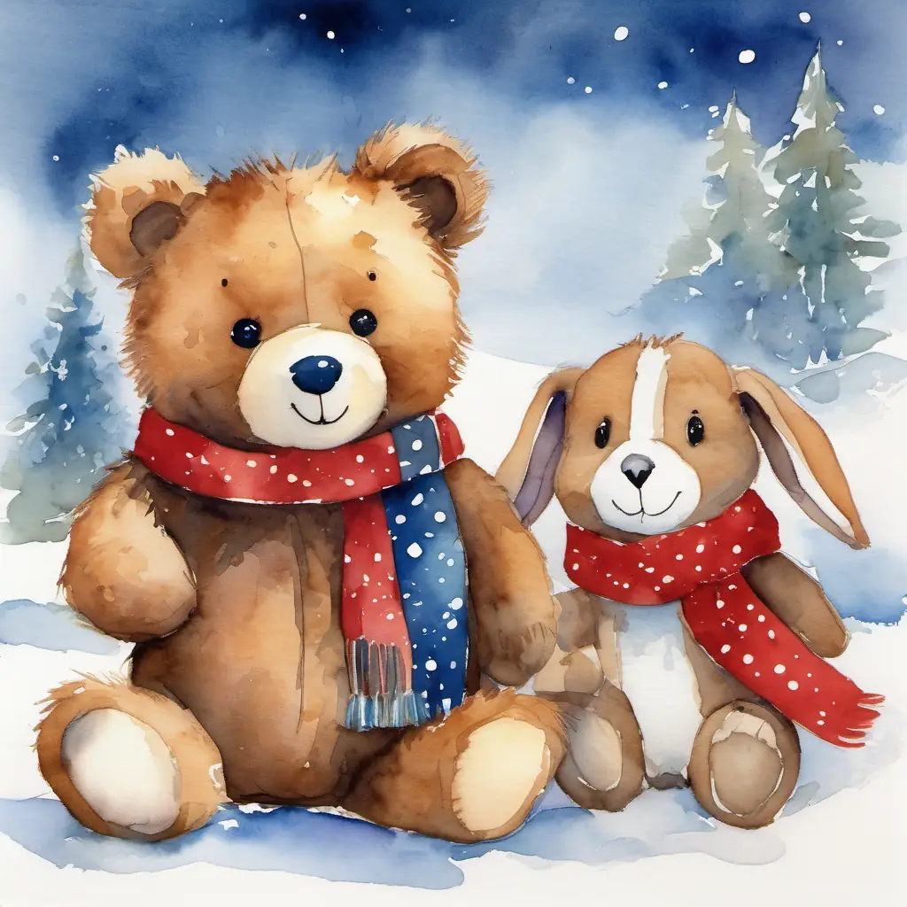 In a cozy setting, depict a cheerful brown teddy bear with a beaming smile. The teddy bear is accessorized with a vibrant red scarf dotted with white polka dots. Beside the teddy bear, illustrate a fluffy rabbit with distinctively soft fur, exuding warmth and friendliness. The rabbit is elegantly draped in a blue scarf, adorned with white polka dots.