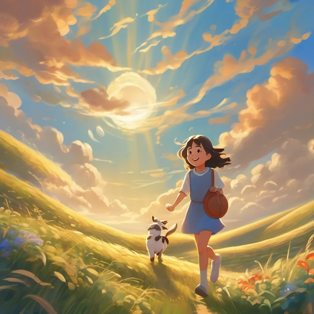 A personified wind with a friendly face, swirling through the air playfully and A smiling sun casting warm and bright rays over the landscape deciding to work together, looking enthusiastic and cooperative.