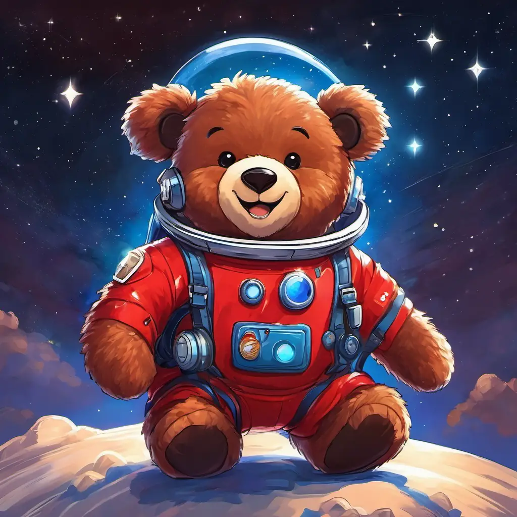 A brown teddy bear with a big smile and sparklinng black eyes, a brown teddy bear with a big smile, packed his red backpack and put on his blue space suit.