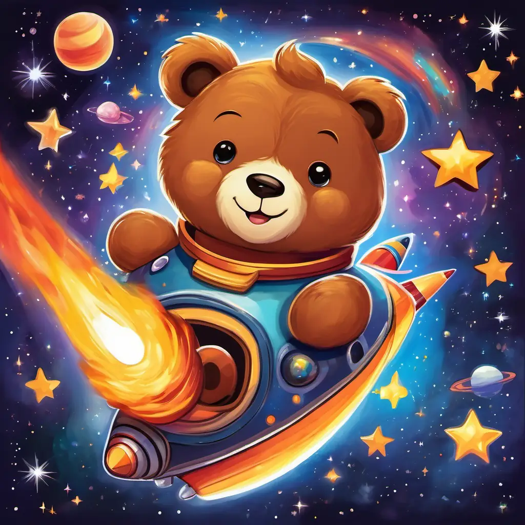 A brown teddy bear with a big smile and sparklinng black eyes sat in a shiny rocket with flames shooting out of its tail, surrounded by twinkling stars and colorful planets.