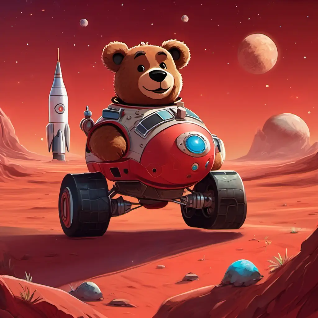 A brown teddy bear with a big smile and sparklinng black eyes stood on a dusty red planet with his rocket in the background. A friendly rover with wheels and antennas stood beside him.