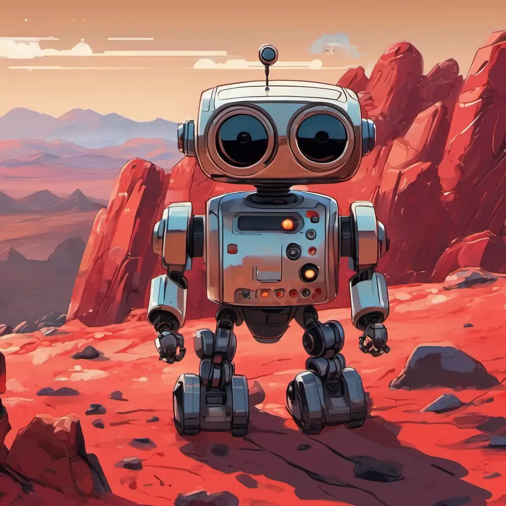 A brown teddy bear with a big smile and sparklinng black eyes and A small robot with metal body, camera eyes, and robotic voice stood on a rocky hill, with the red Martian landscape stretching out in the background. A small robot with metal body, camera eyes, and robotic voice, a small robot with metal body and camera eyes, pointed towards scenic Martian mountains.