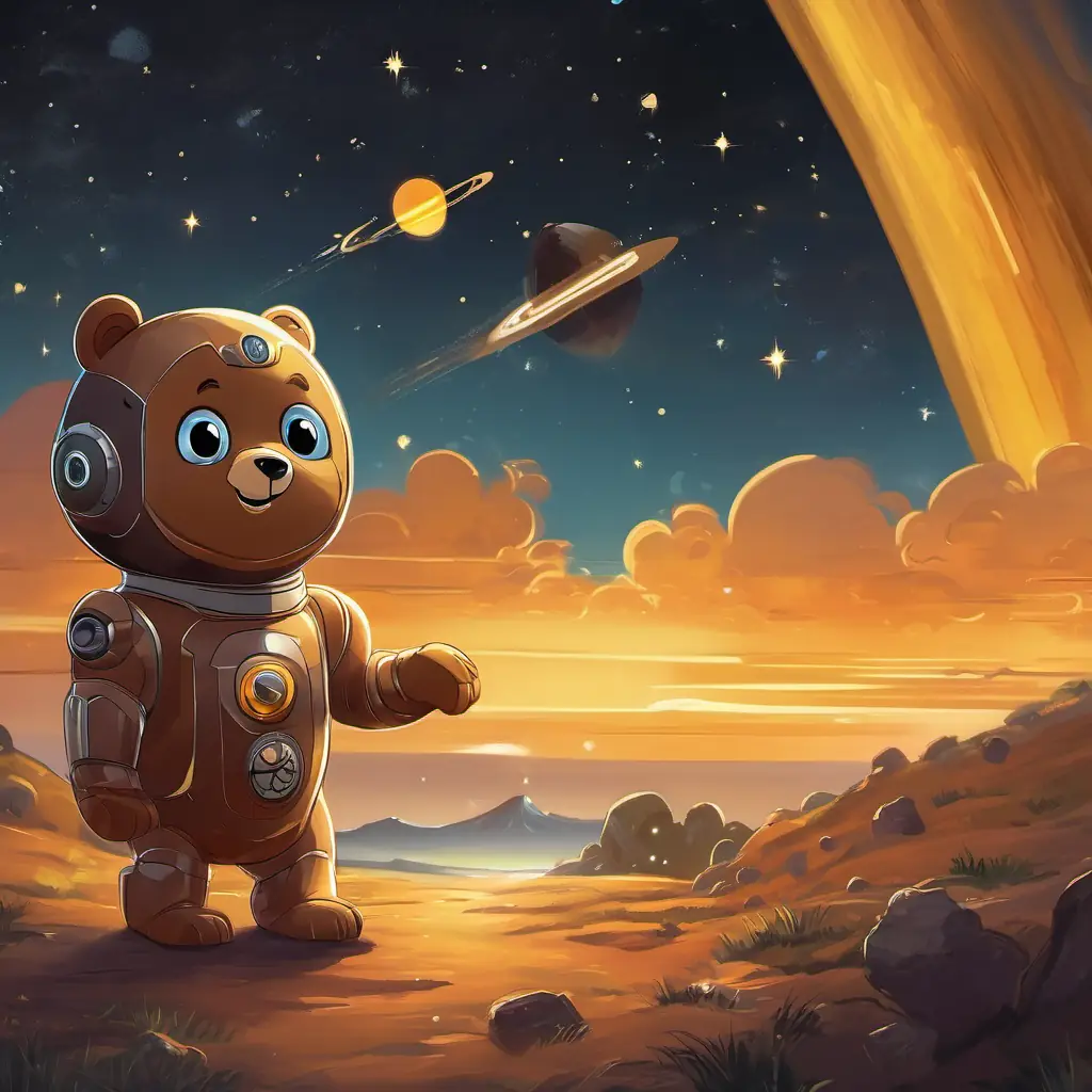 A brown teddy bear with a big smile and sparklinng black eyes waved goodbye to A small robot with metal body, camera eyes, and robotic voice, standing beside his rocket. A brown teddy bear with a big smile and sparklinng black eyes's rocket flew among swirling yellow and orange clouds of Jupiter, and Saturn's rings shimmered in the distance.