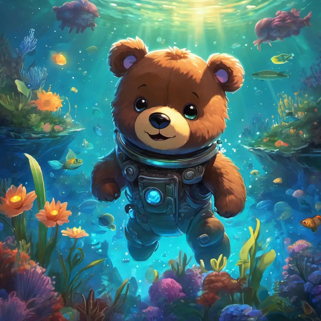 A brown teddy bear with a big smile and sparklinng black eyes stood near a glowing blue city, built in a deep ocean of Neptune. Friendly aliens with gills and webbed fingers surrounded A brown teddy bear with a big smile and sparklinng black eyes, showing him colorful underwater plants and curious creatures.