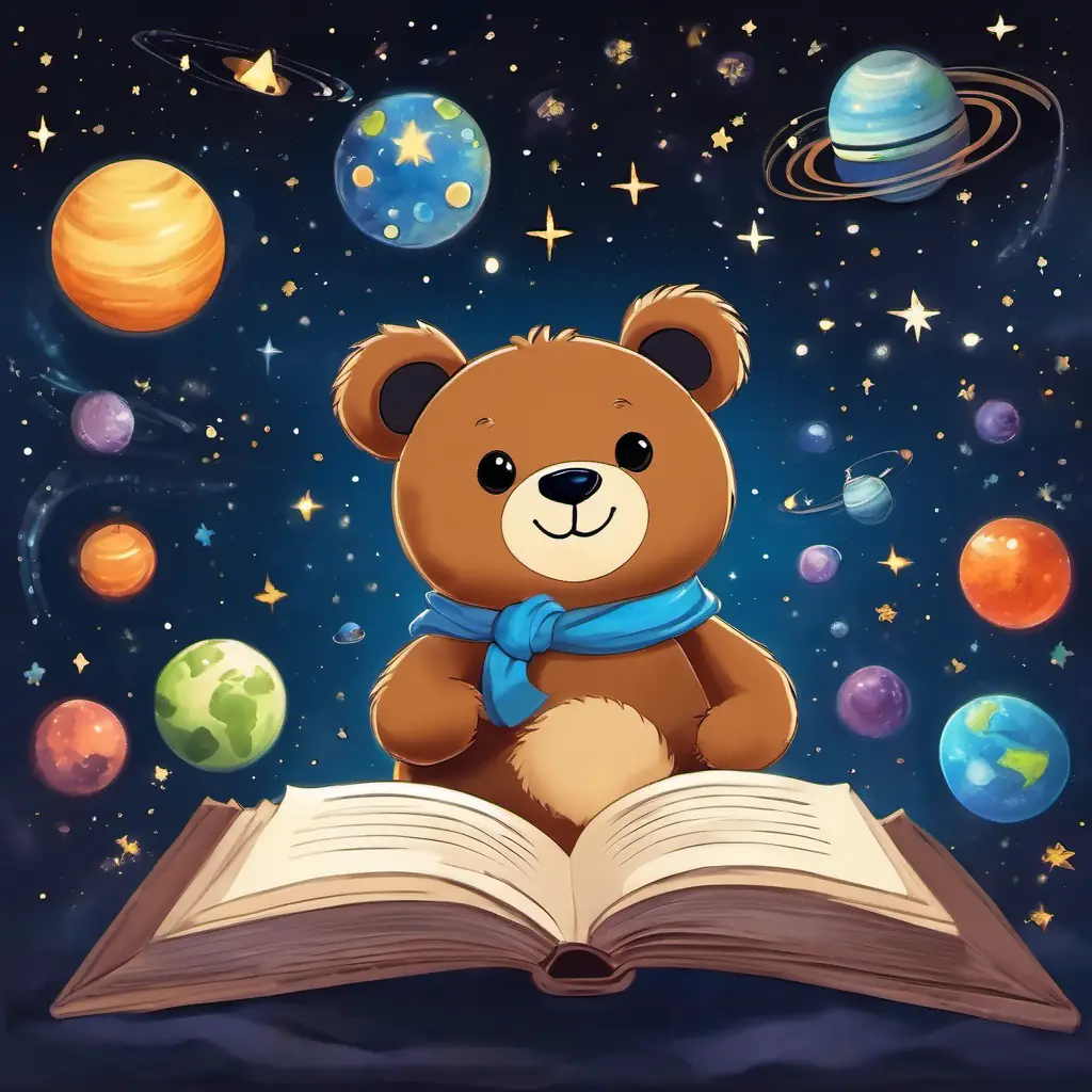 A brown teddy bear with a big smile and sparklinng black eyes happily held a book of planets, surrounded by his friends, as stars twinkled in the night sky behind them.