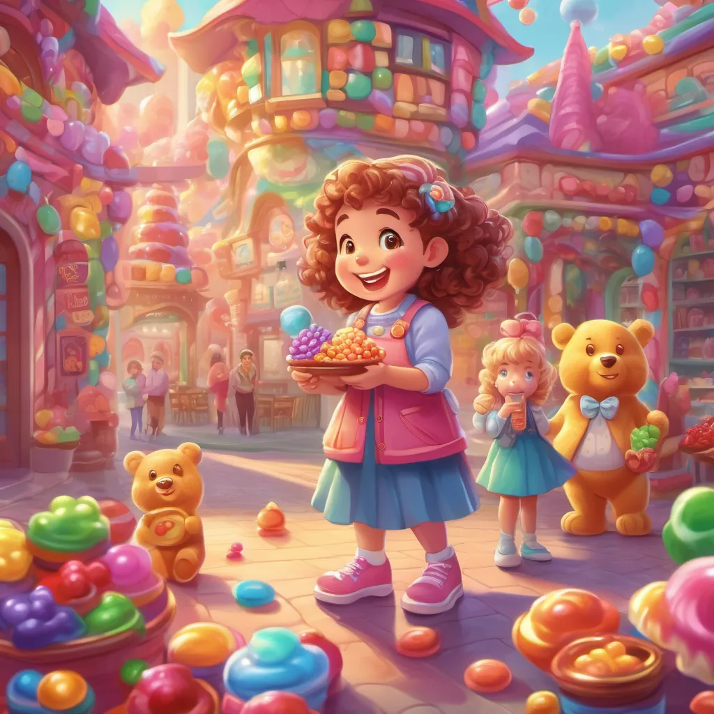 Gummy bears happily offering to help A young girl with curly hair, bright eyes, and a cheerful smile, dressed in colorful clothes, standing in Candyland with selling ice cream.