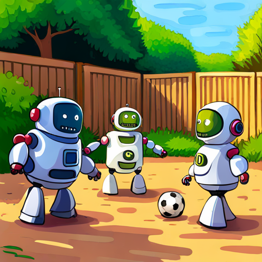 Three robots playing soccer in a backyard