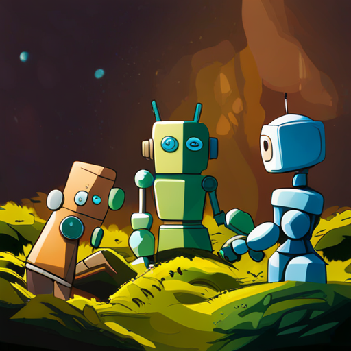 Three robots fixing another broken robot near the forest