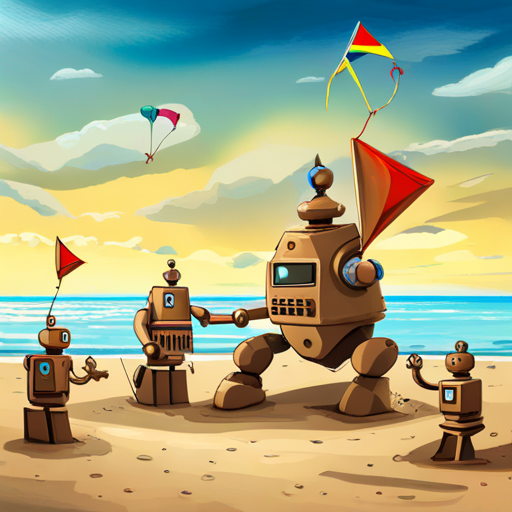 Four robots building sandcastles and flying kites