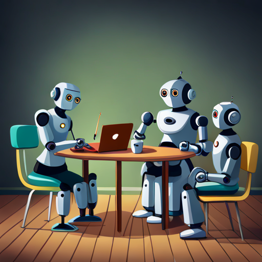 Four robots helping each other with homework