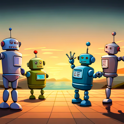 Four robots dancing and singing at a party