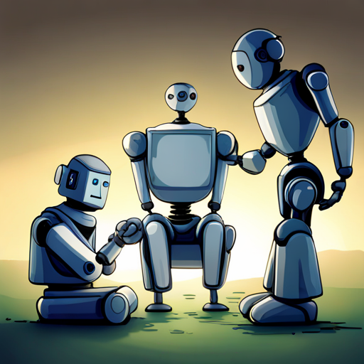 Three robots repairing a damaged memory chip of another robot