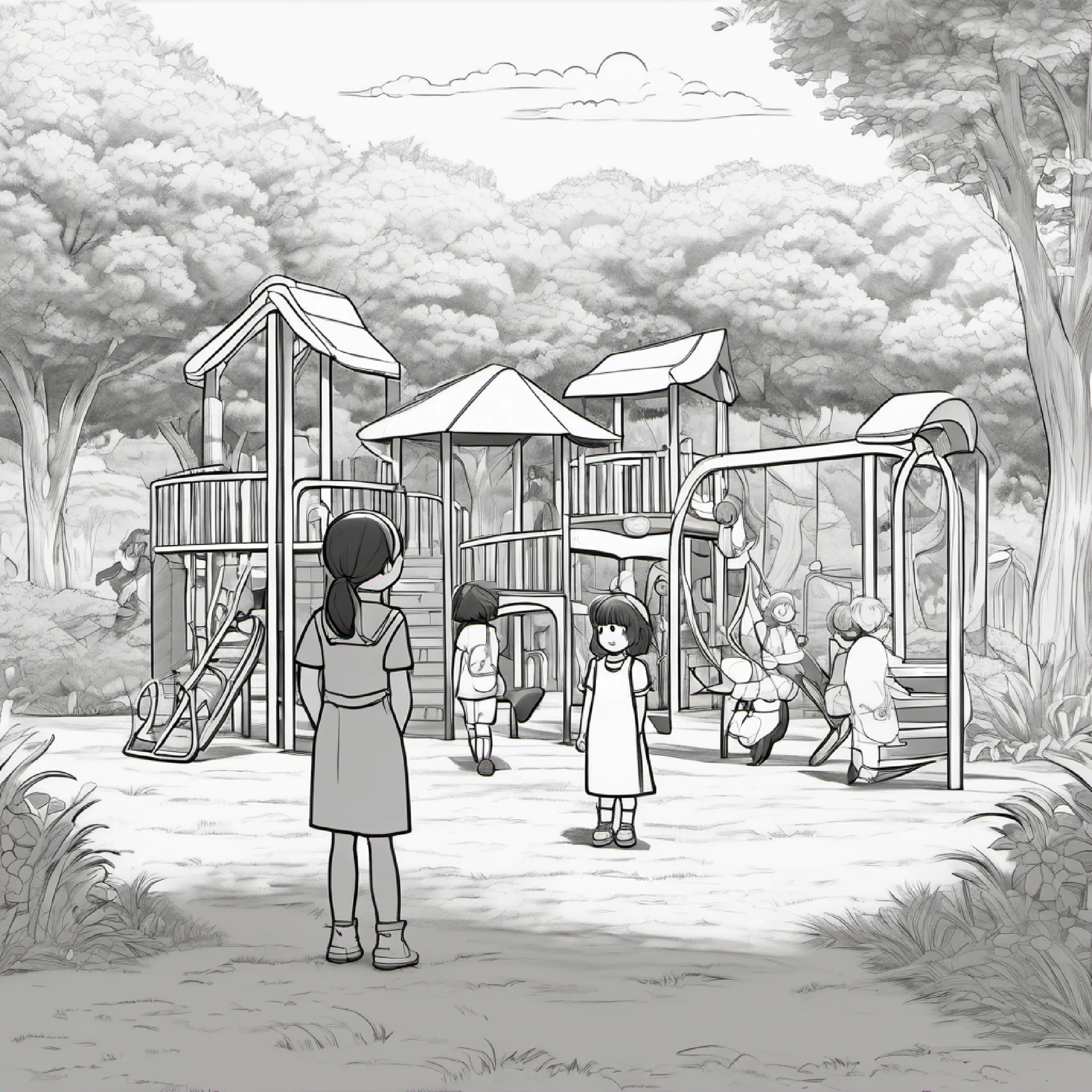 Introduction of the main character, Chloe, observing friends at a playground