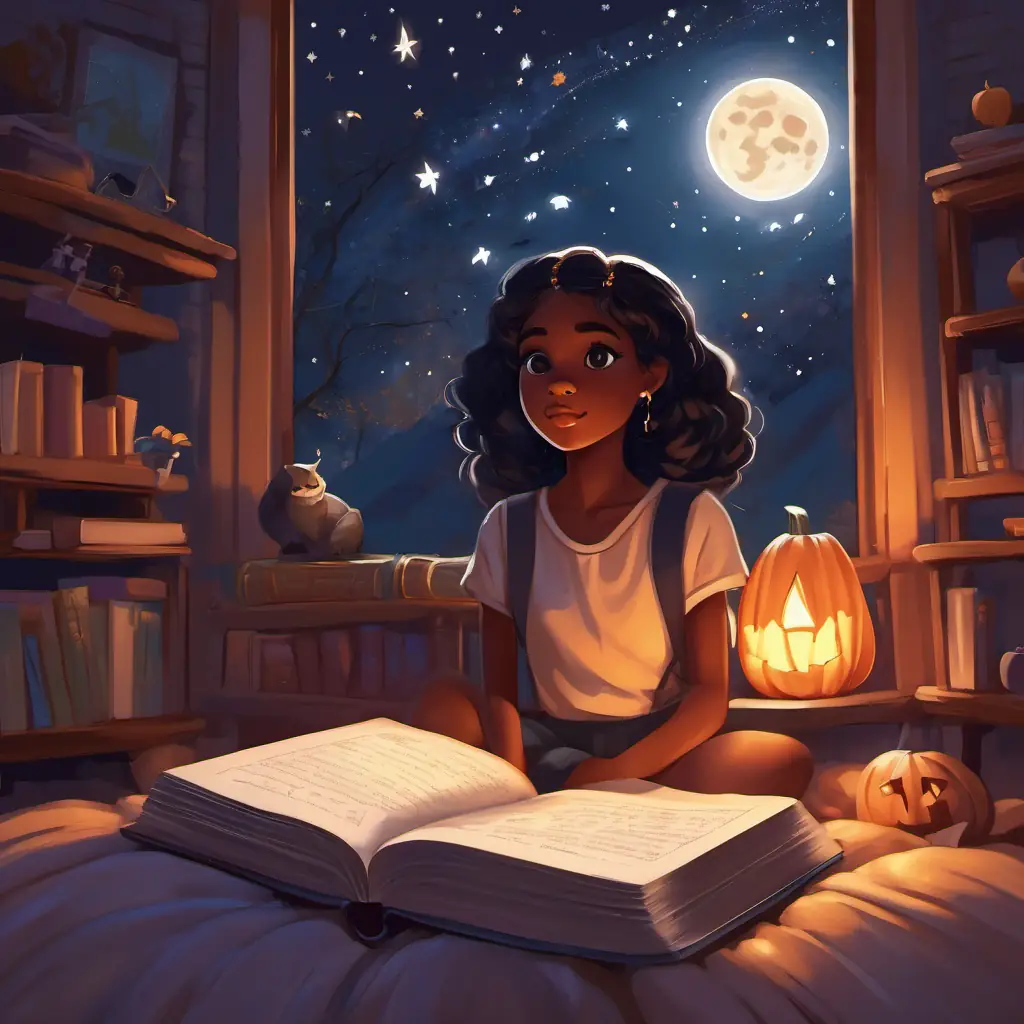 A bold and determined young girl with ebony skin, sparkling brown eyes sitting on her bed with her book, looking up at the night sky filled with stars.