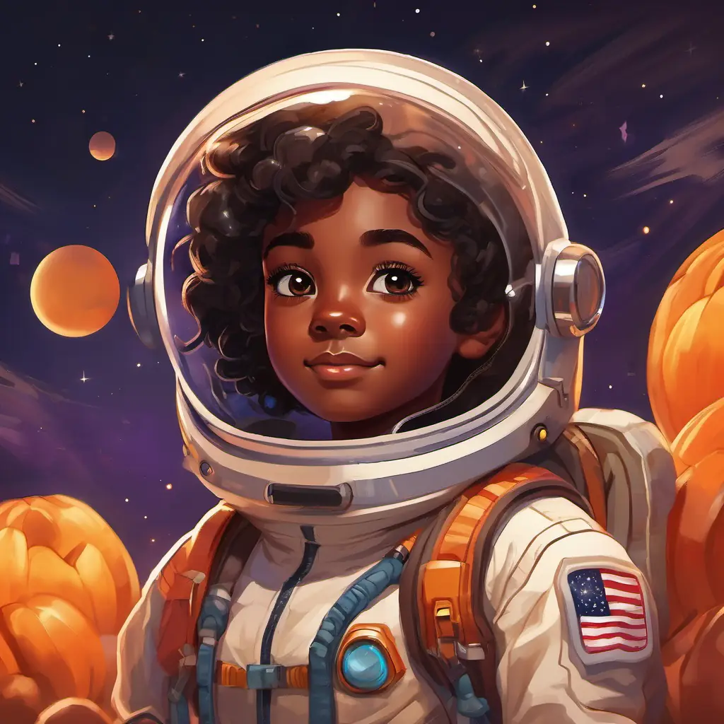 A bold and determined young girl with ebony skin, sparkling brown eyes in her astronaut training suit, confidently facing challenges with determination and positivity.